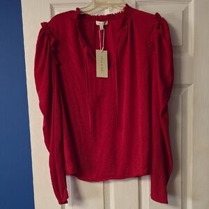 alex & lili Bright Red Ruffle Tie-Neck Blouse